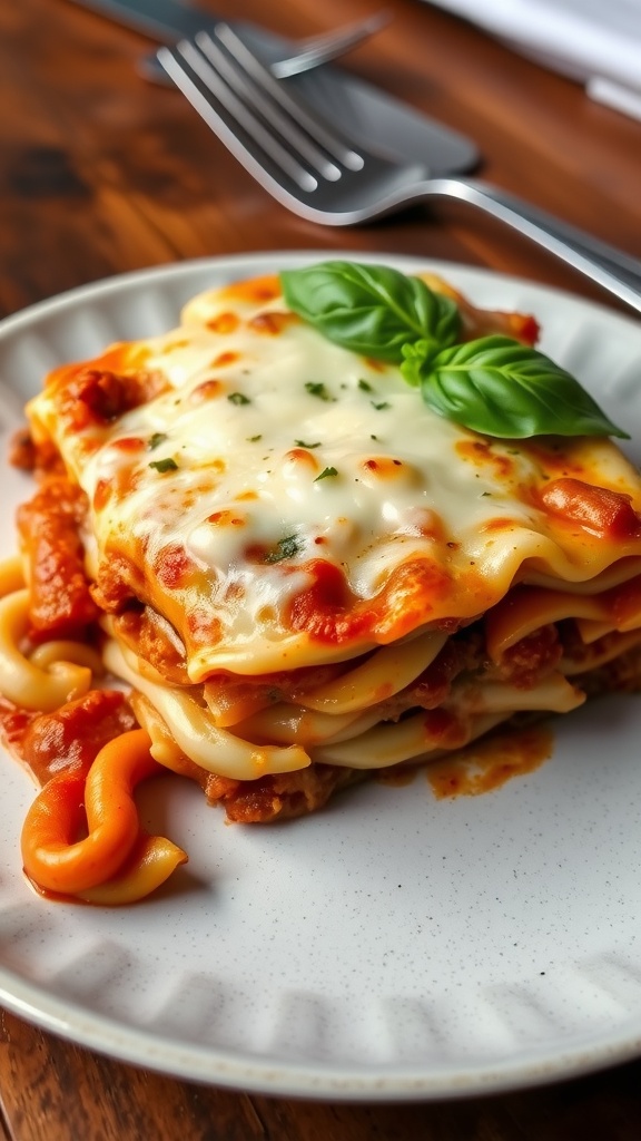 A slice of cheesy cottage cheese lasagna on a plate, layered with meat sauce and garnished with basil.